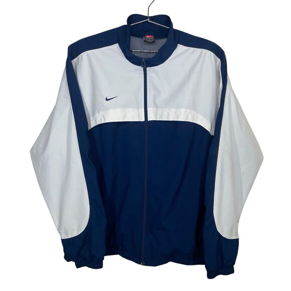 Vtg Nike Team Navy & White Color Block Mesh‎ Lined Windbreaker Jacket Size Large - Picture 1 of 12